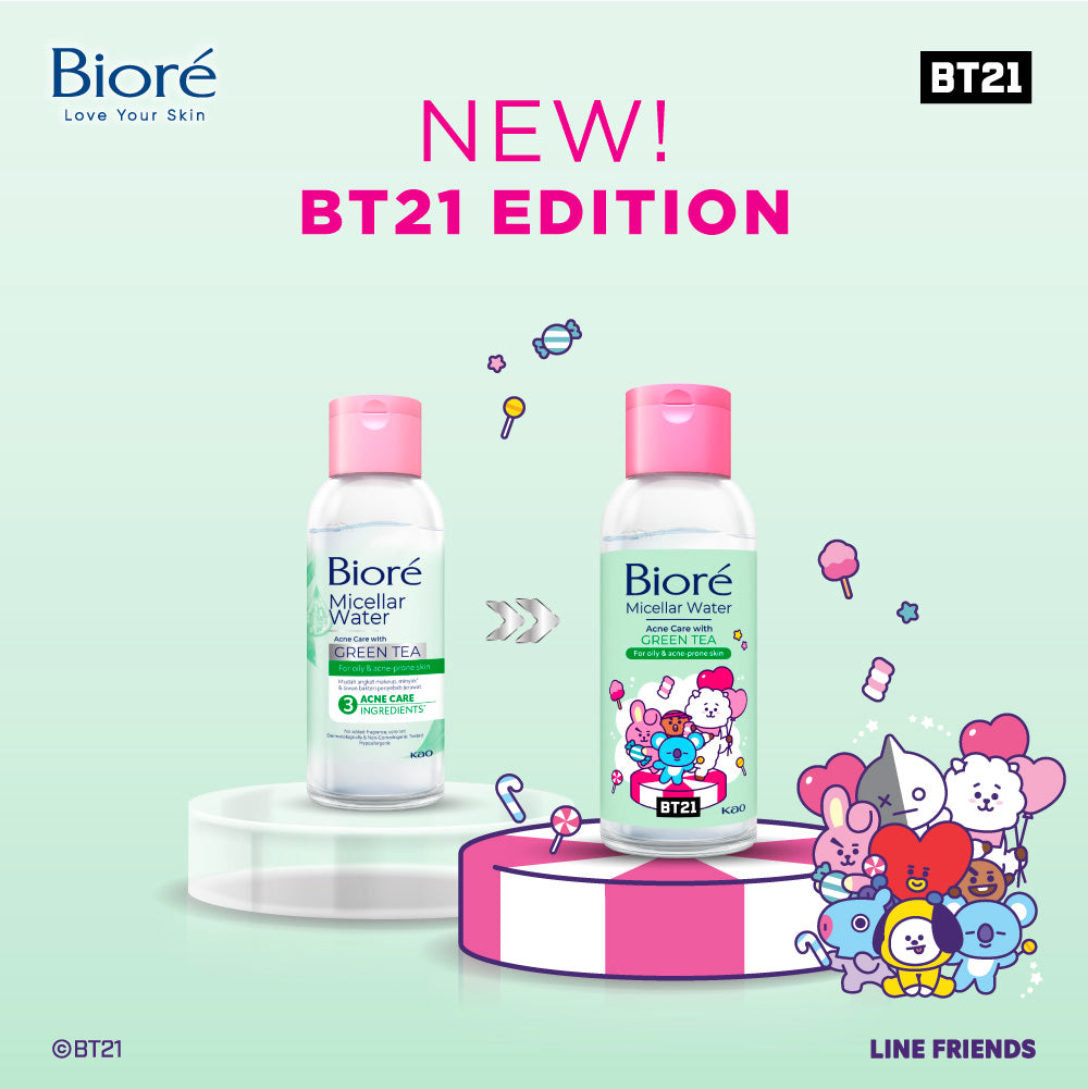 BT21 Special Edition BIORE Micellar Water Pembersih Wajah Acne Care Green Tea 90 ml For Oily & Acne-prone Skin Makeup Remover