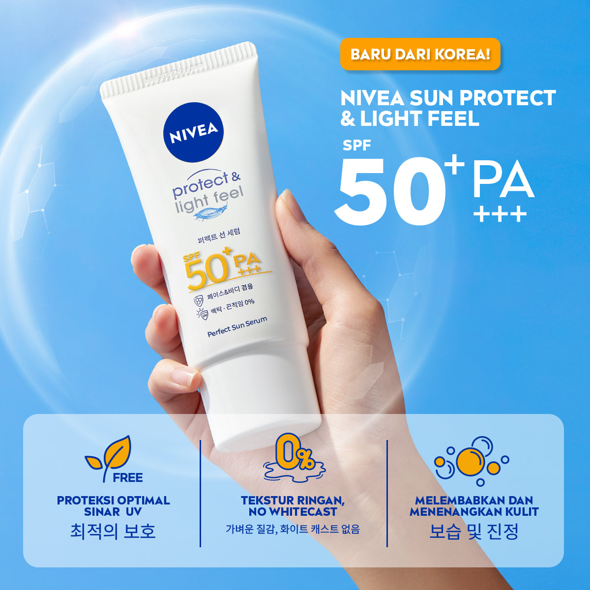 NIVEA SUN Sunscreen Face Serum Protect & Light Feel SPF50+ PA+++ 90ml - Sunscreen wajah serum sunblock korea sunranghaeyo cocok untuk kulit sensitif SPF UV harian lightweight gel tekstur ringan cepat meresap tidak lengket no whitecast - No 1 Korea
