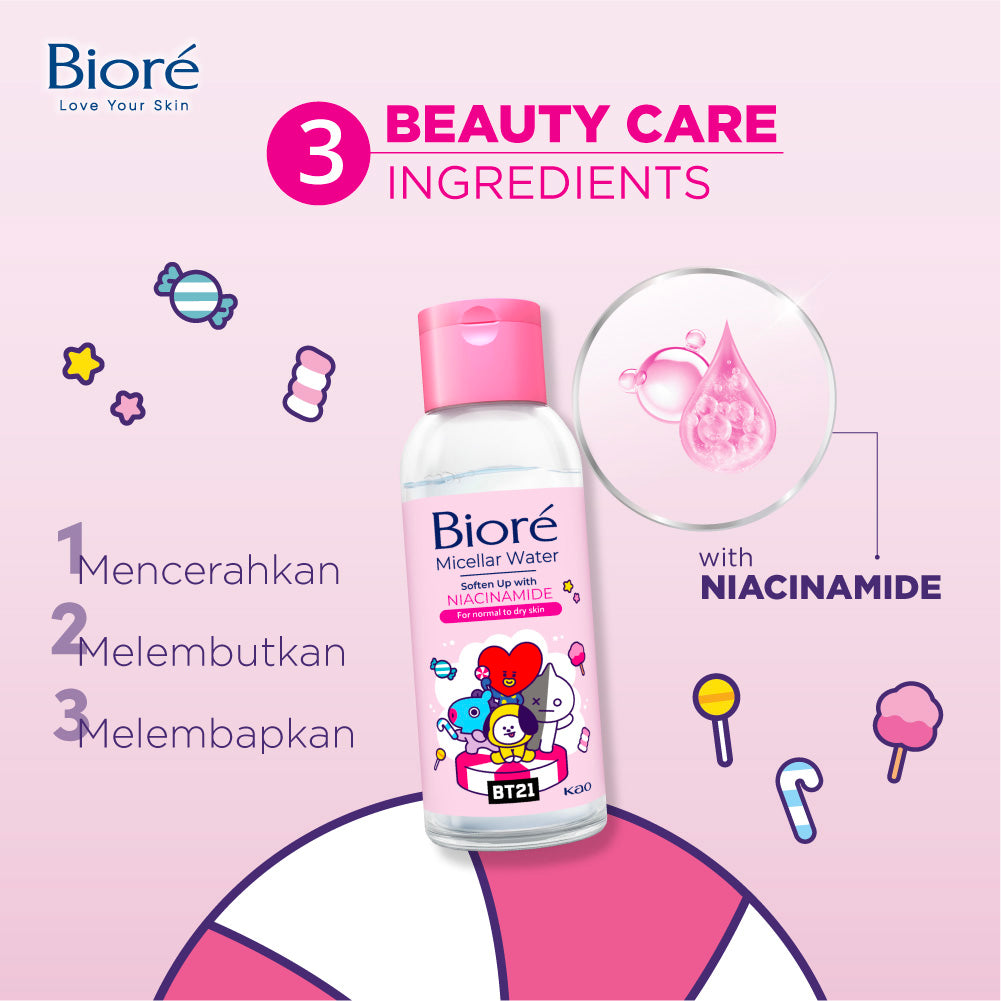 BT21 Special Edition BIORE Micellar Water Pembersih Wajah Soften Up Niacinamide 90 ml for Normal - Dry Skin Makeup Remover