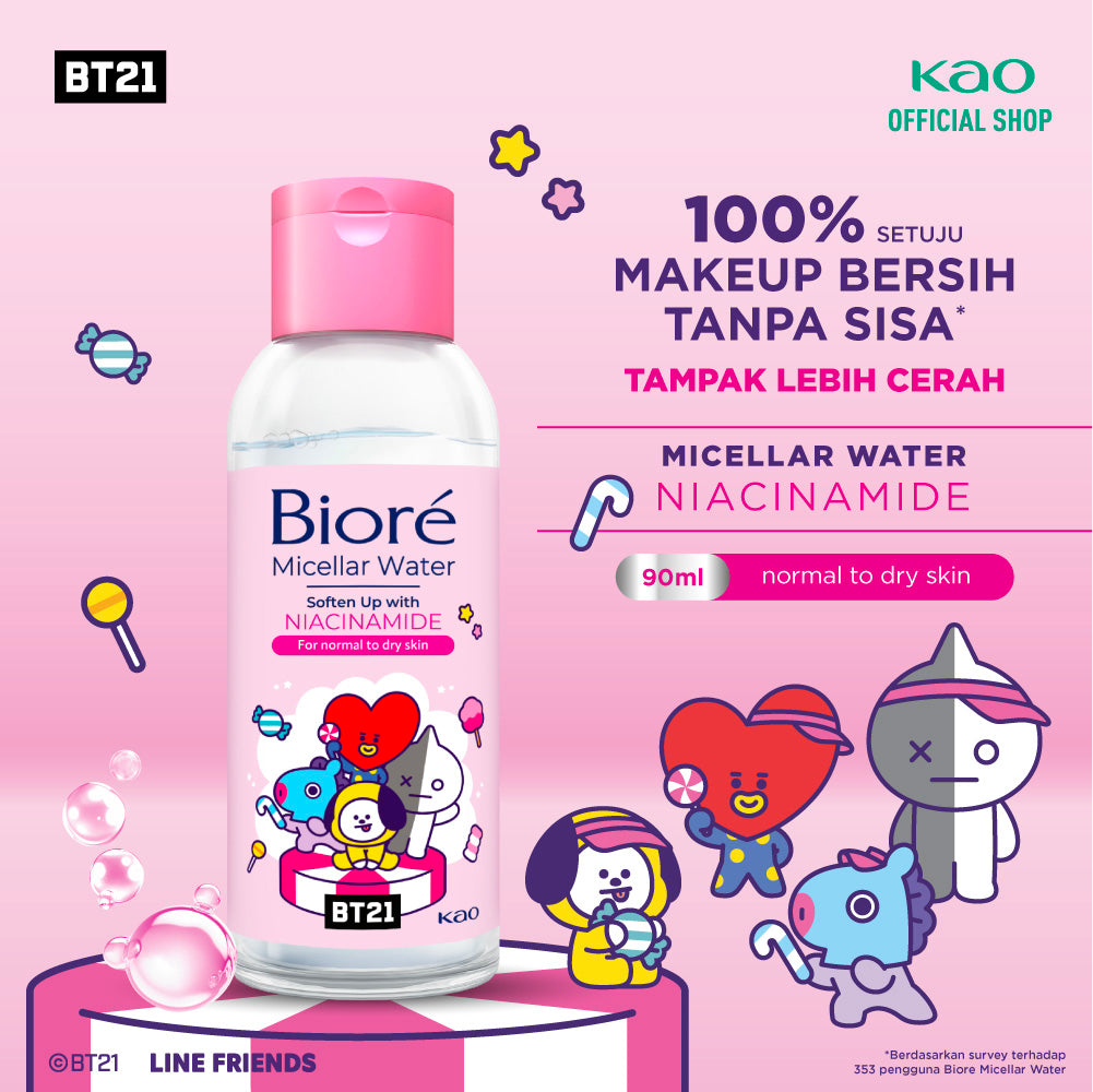 BT21 Special Edition BIORE Micellar Water Pembersih Wajah Soften Up Niacinamide 90 ml for Normal - Dry Skin Makeup Remover