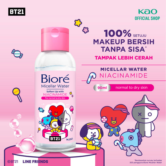 BT21 Special Edition BIORE Micellar Water Pembersih Wajah Soften Up Niacinamide 90 ml for Normal - Dry Skin Makeup Remover