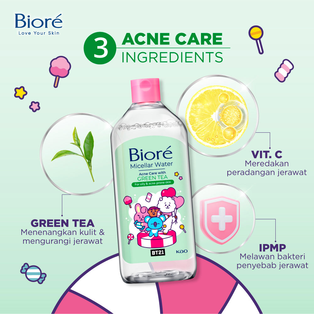 BT21 Special Edition BIORE Micellar Water Pembersih Wajah Acne Care Green Tea 400 ml For Oily & Acne-prone Skin Makeup Remover