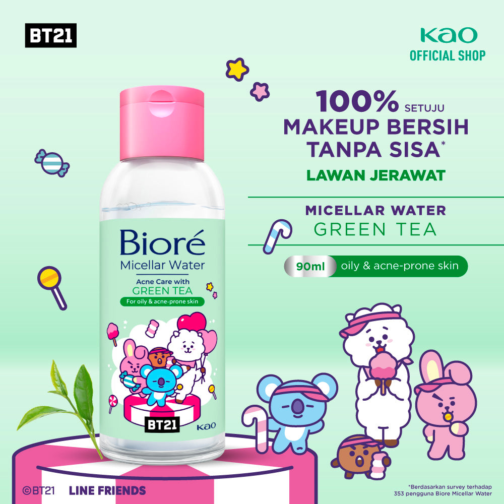 BT21 Special Edition BIORE Micellar Water Pembersih Wajah Acne Care Green Tea 90 ml For Oily & Acne-prone Skin Makeup Remover