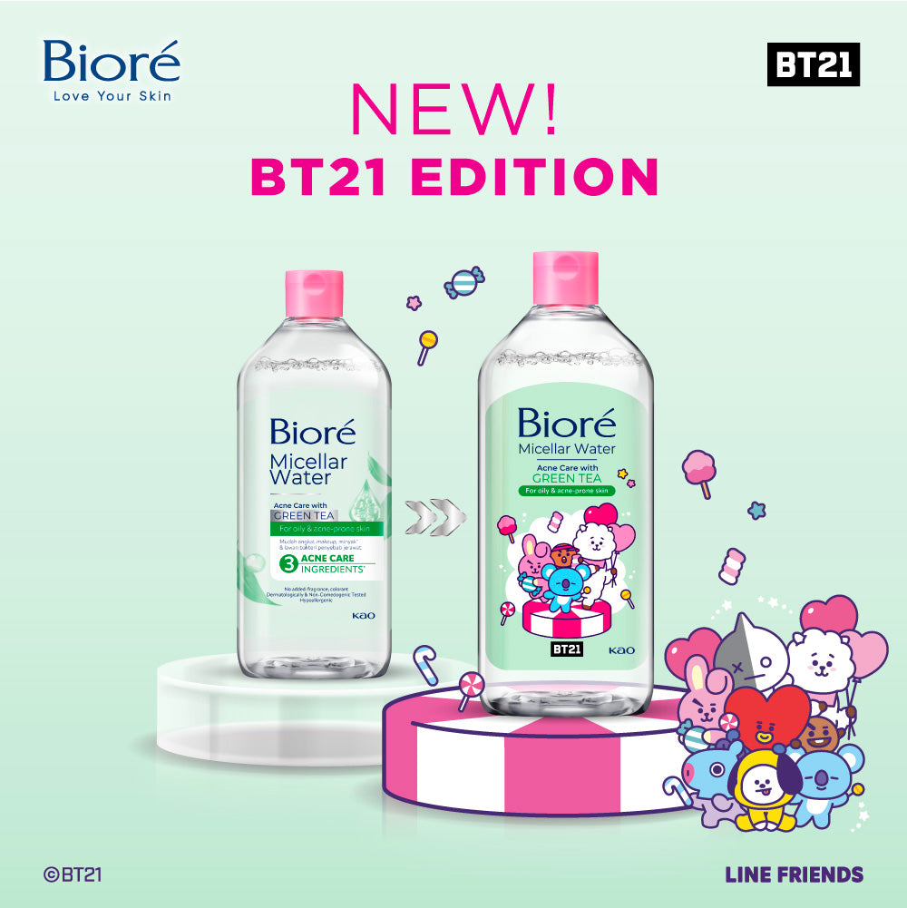BT21 Special Edition BIORE Micellar Water Pembersih Wajah Acne Care Green Tea 400 ml For Oily & Acne-prone Skin Makeup Remover