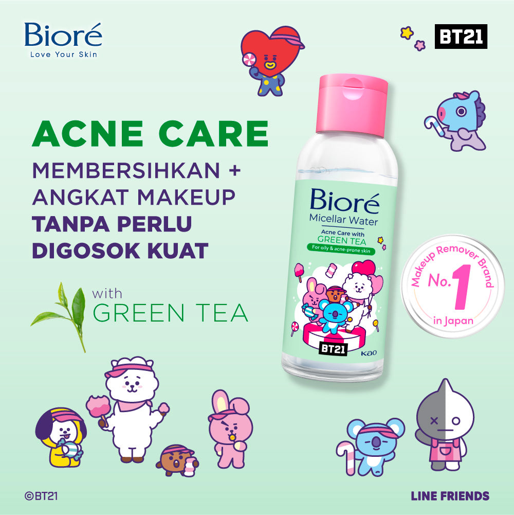 BT21 Special Edition BIORE Micellar Water Pembersih Wajah Acne Care Green Tea 90 ml For Oily & Acne-prone Skin Makeup Remover