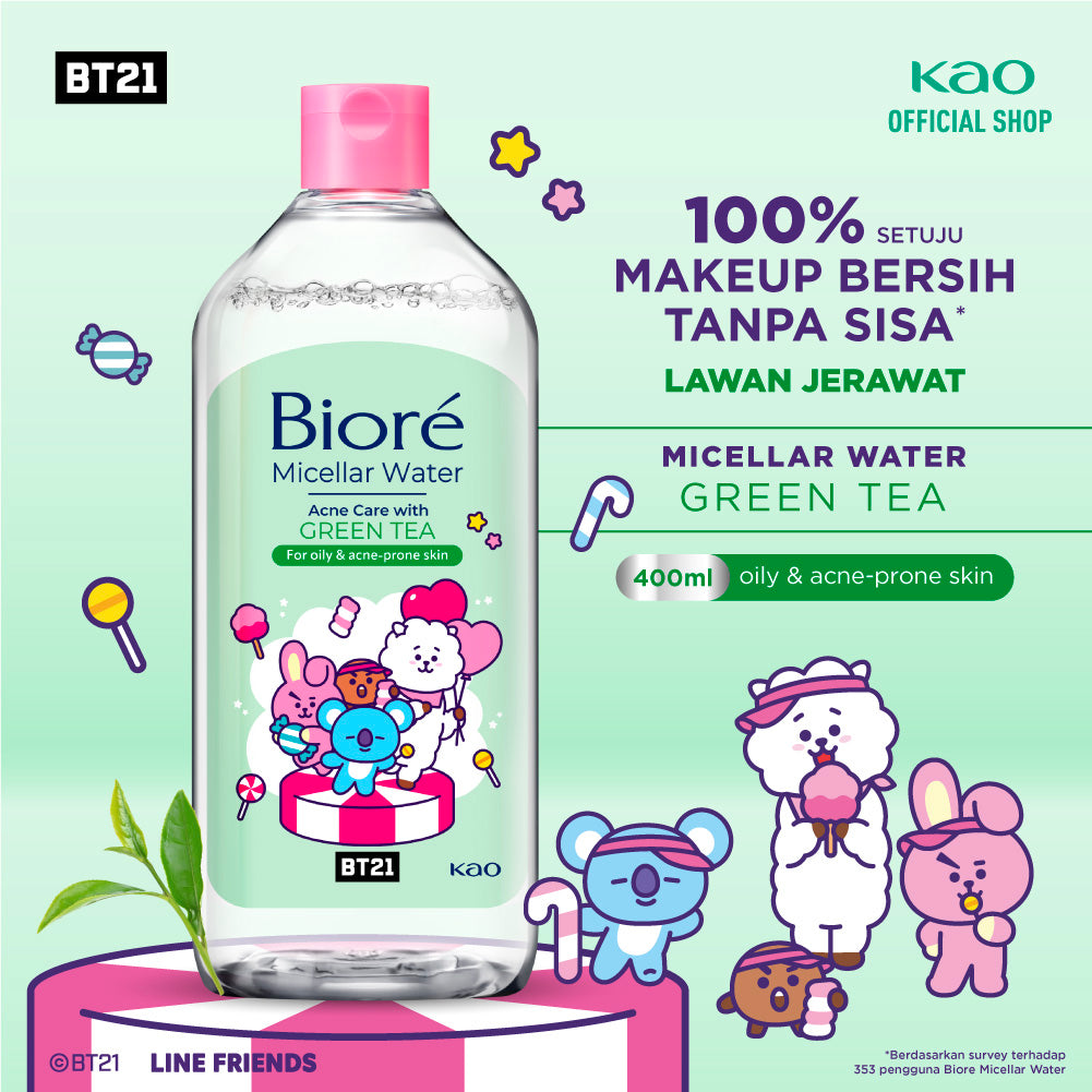 BT21 Special Edition BIORE Micellar Water Pembersih Wajah Acne Care Green Tea 400 ml For Oily & Acne-prone Skin Makeup Remover