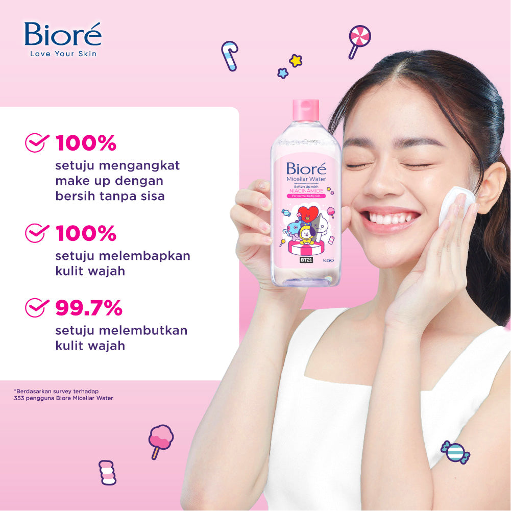 BT21 Special Edition BIORE Micellar Water Pembersih Wajah Soften Up Niacinamide 90 ml for Normal - Dry Skin Makeup Remover