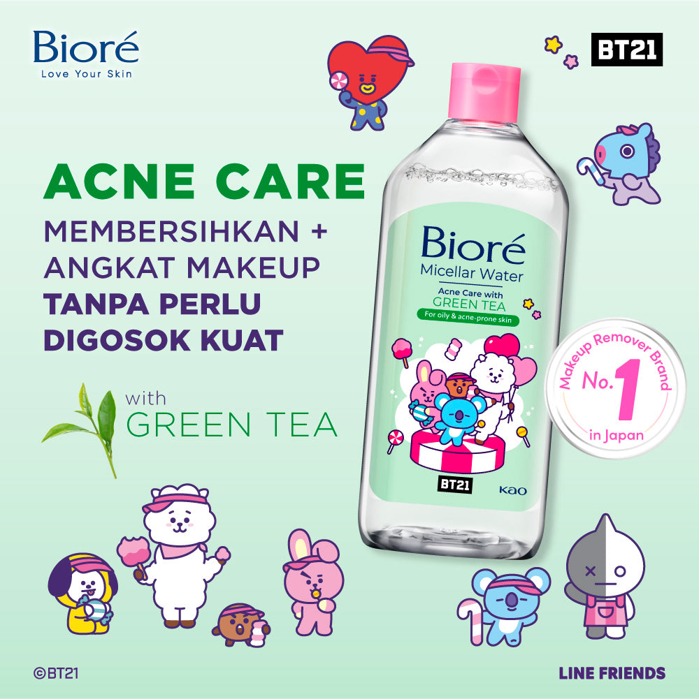 BT21 Special Edition BIORE Micellar Water Pembersih Wajah Acne Care Green Tea 400 ml For Oily & Acne-prone Skin Makeup Remover