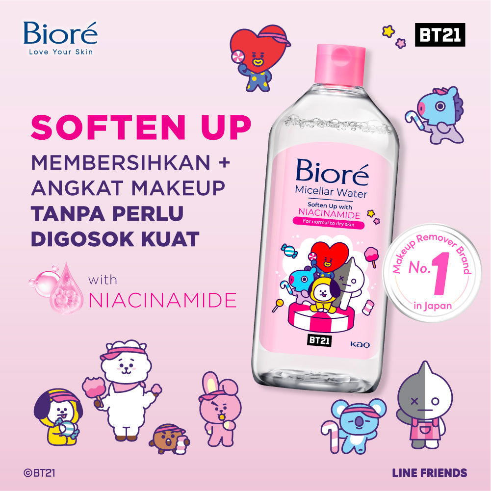 BT21 Special Edition BIORE Micellar Water Pembersih Wajah Soften Up Niacinamide 400 ml for Normal - Dry Skin Makeup Remover