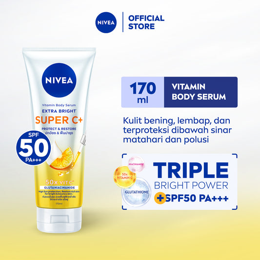 NIVEA Body Serum Extra Bright Super C+ SPF50+ PA+++ 170ml - Hand body serum lotion moisturizer mencerahkan kulit kusam bening badan glowing brightening melembabkan kering SPF UV matahari harian tidak lengket - Vitamin C, Niacinamide, Glutathione